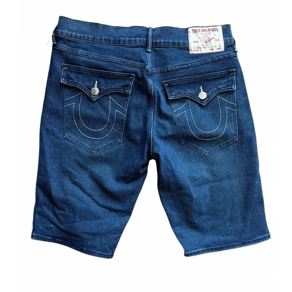 True Religion Mens Ricky Relaxed Straight Denim Shorts Dark Lagoon Wash Size 34